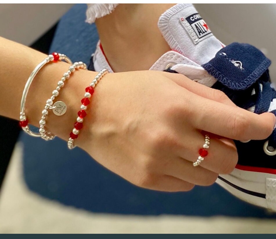 Red crystal sterling Silver Beaded Bracelet Crystal and Sterling Silver Tube Layering Bracelets Bright Cystal Stack Love mom gift idea