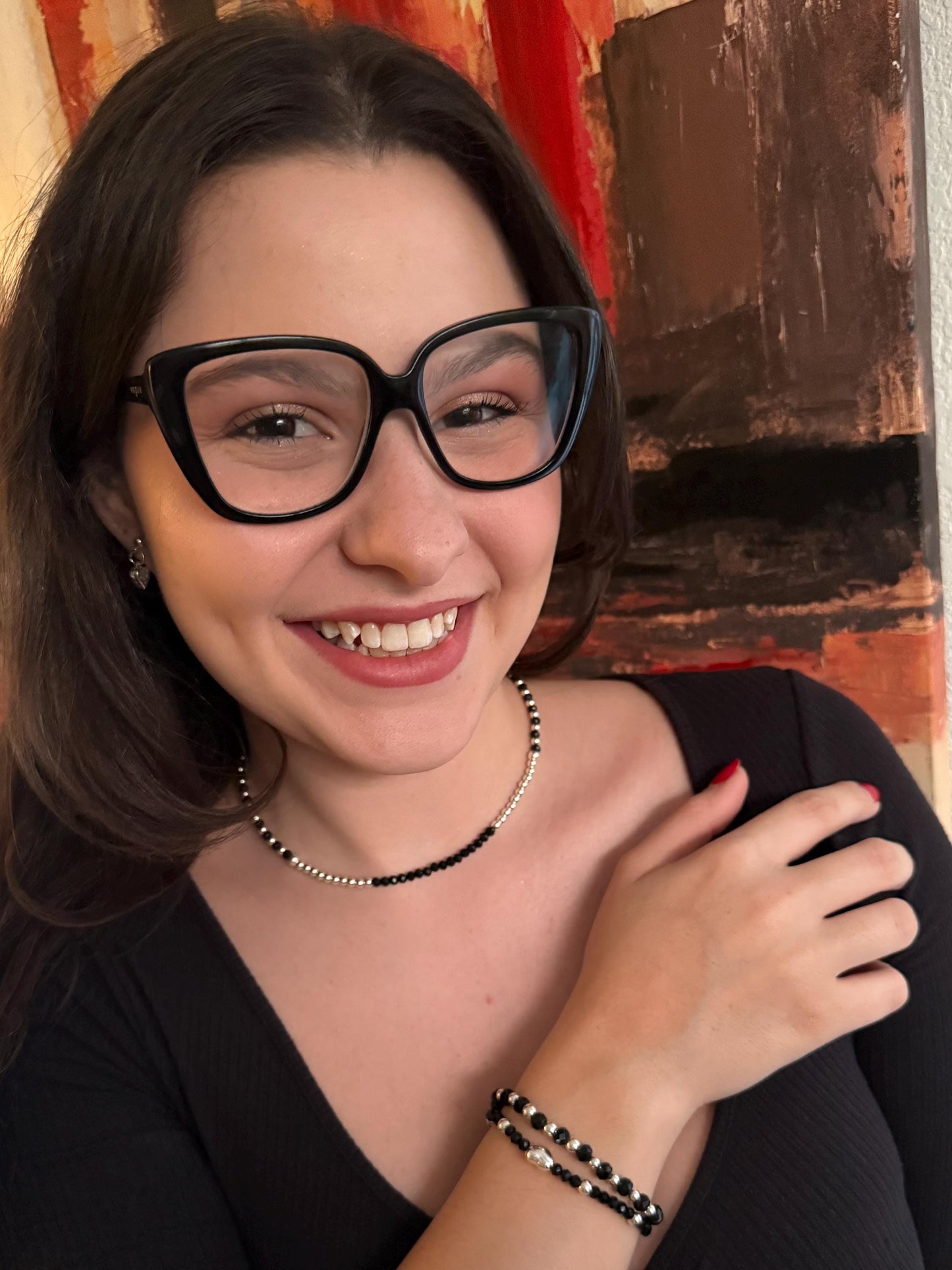 Black Crystal Silver Jewelry Set Necklace Bracelet and Earrings Gift for Her