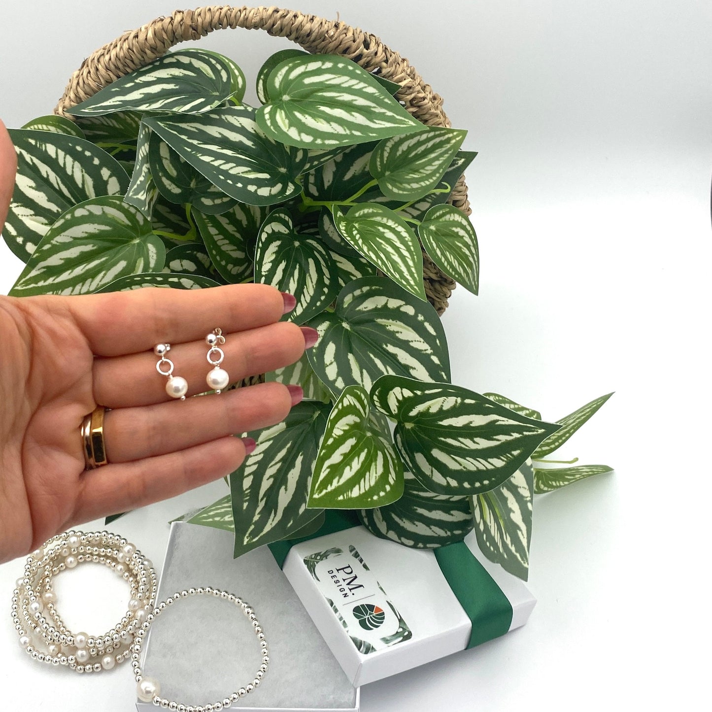 Sterling silver pearl bracelet and earrings jewelry wedding day accessory set bridesmaid friendship gift