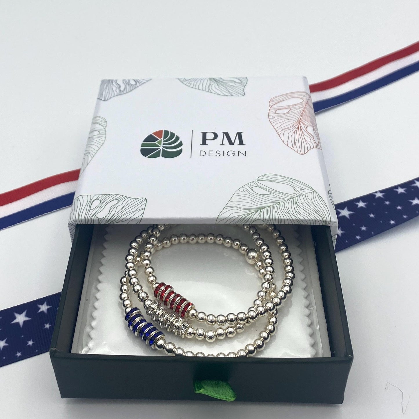 Red white blue bracelet set USA flag crystal jewelry 4th of July