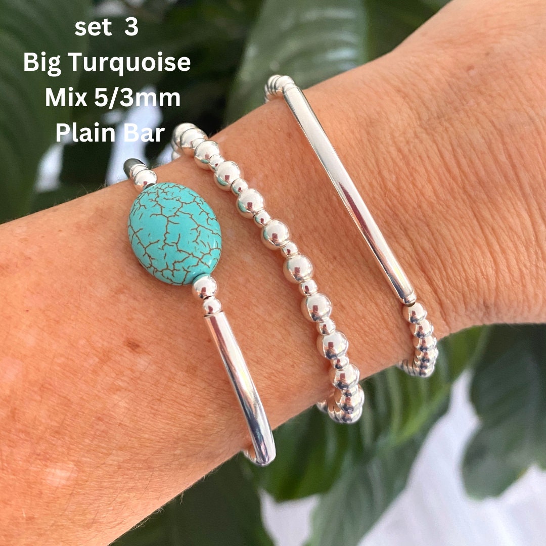 Turquoise silver beaded bracelet for women stacking jewelry birthday gift anniversary stretchy set