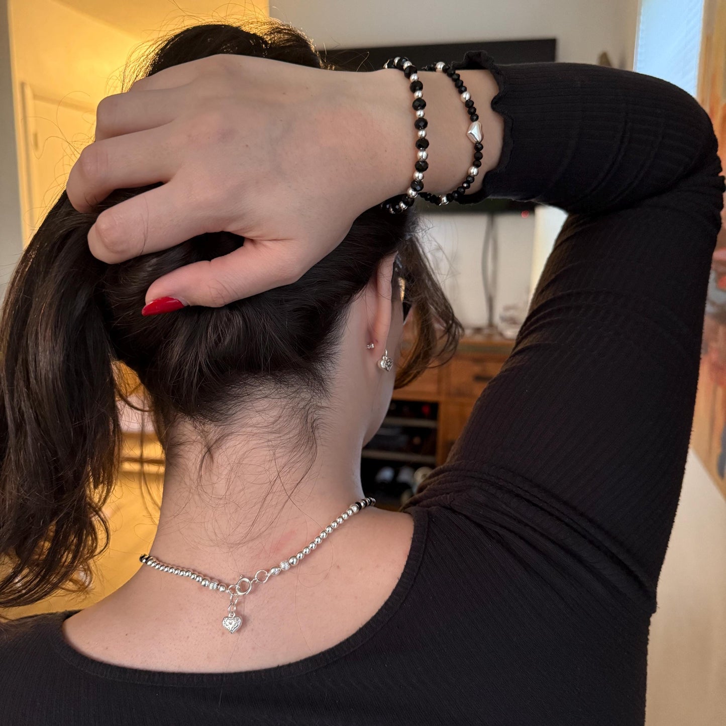 Black Crystal Silver Jewelry Set Necklace Bracelet and Earrings Gift for Her