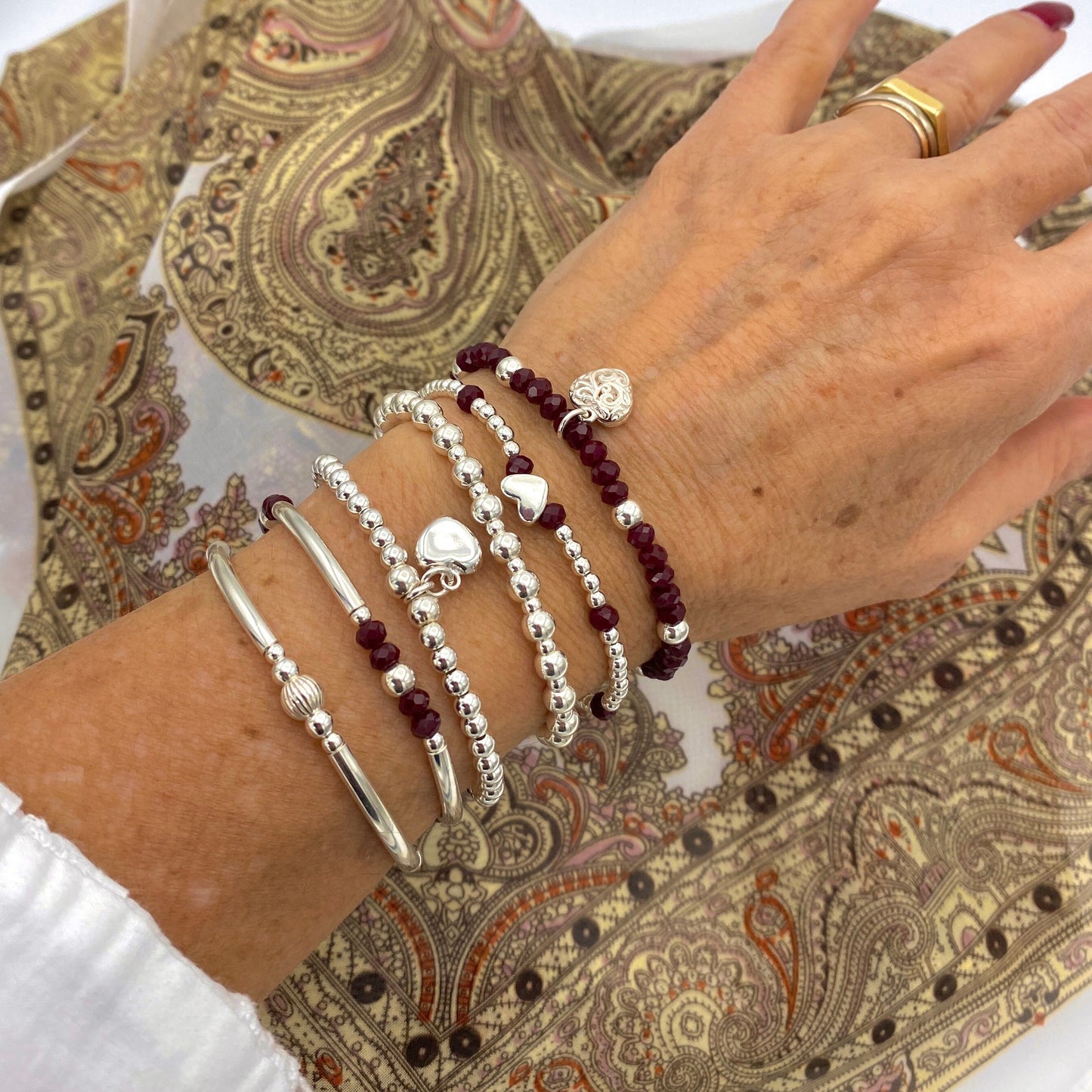 Sterling silver wine crystal bracelet for women heart charm stretchy personalized jewelry gift