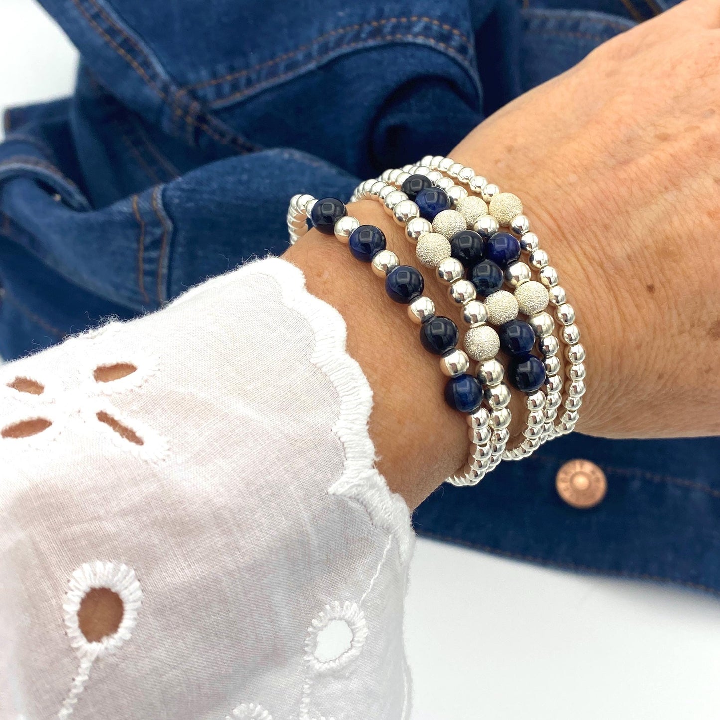 Sterling Silver Blue Gemstone Bracelet Set with Tiger Eye and Stardust Beads