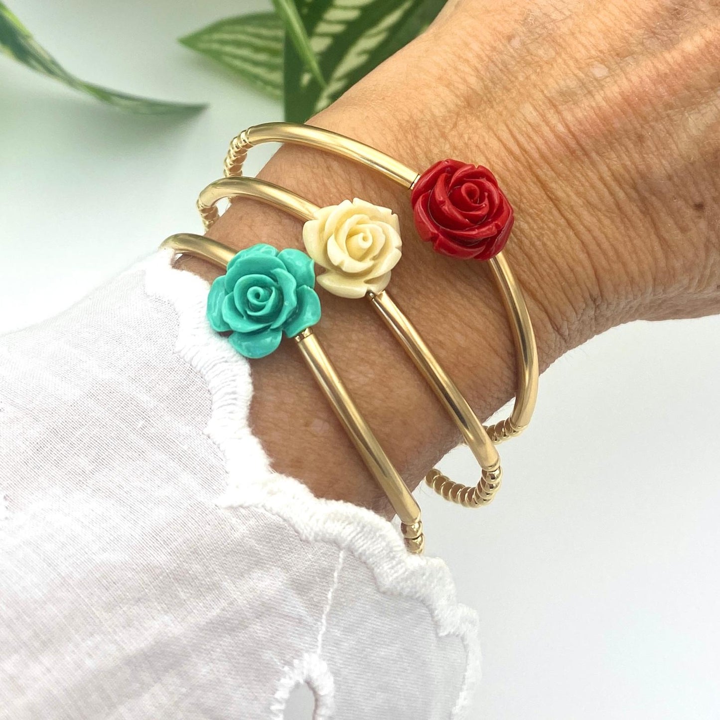 Gold filled flower bracelet spring colors dainty rose jewelry gift for women birthday or mom present
