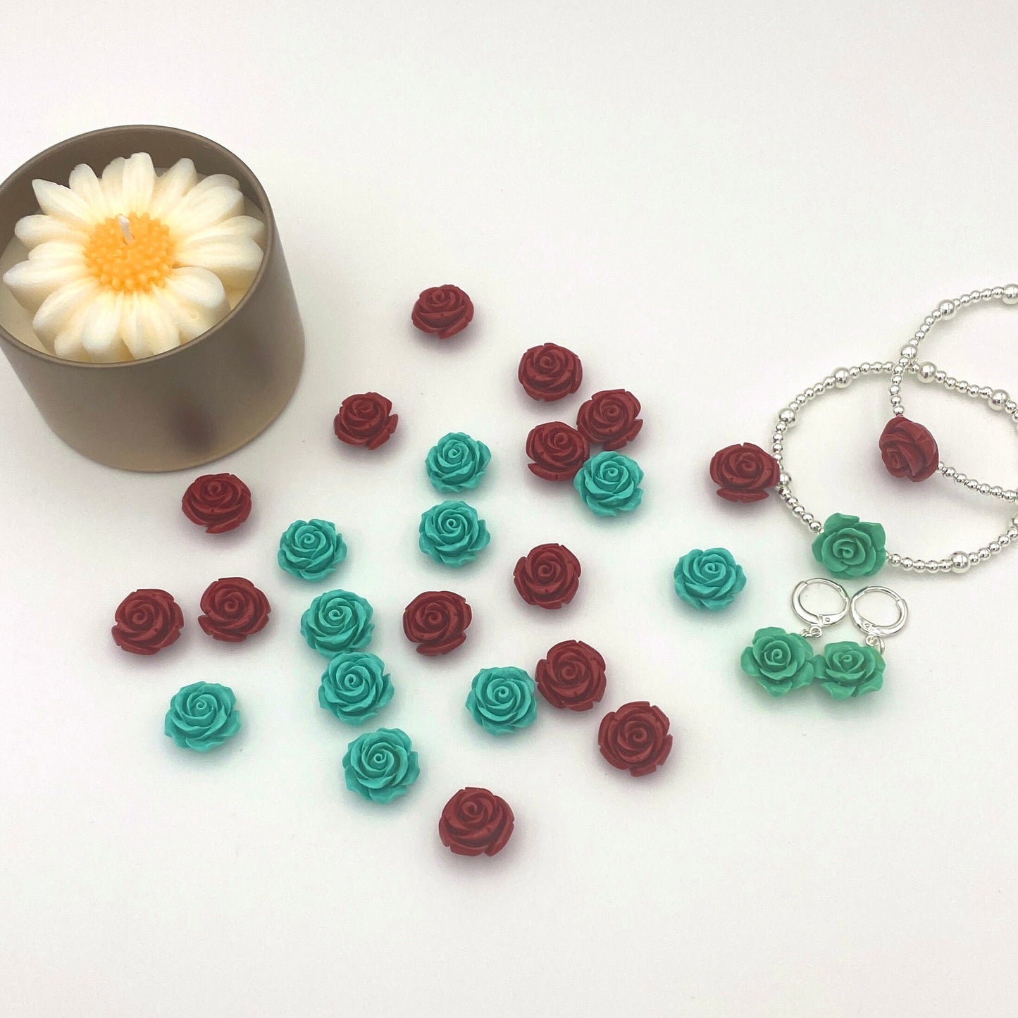 Blue flower bracelet and rose earrings set sterling silver spring gift