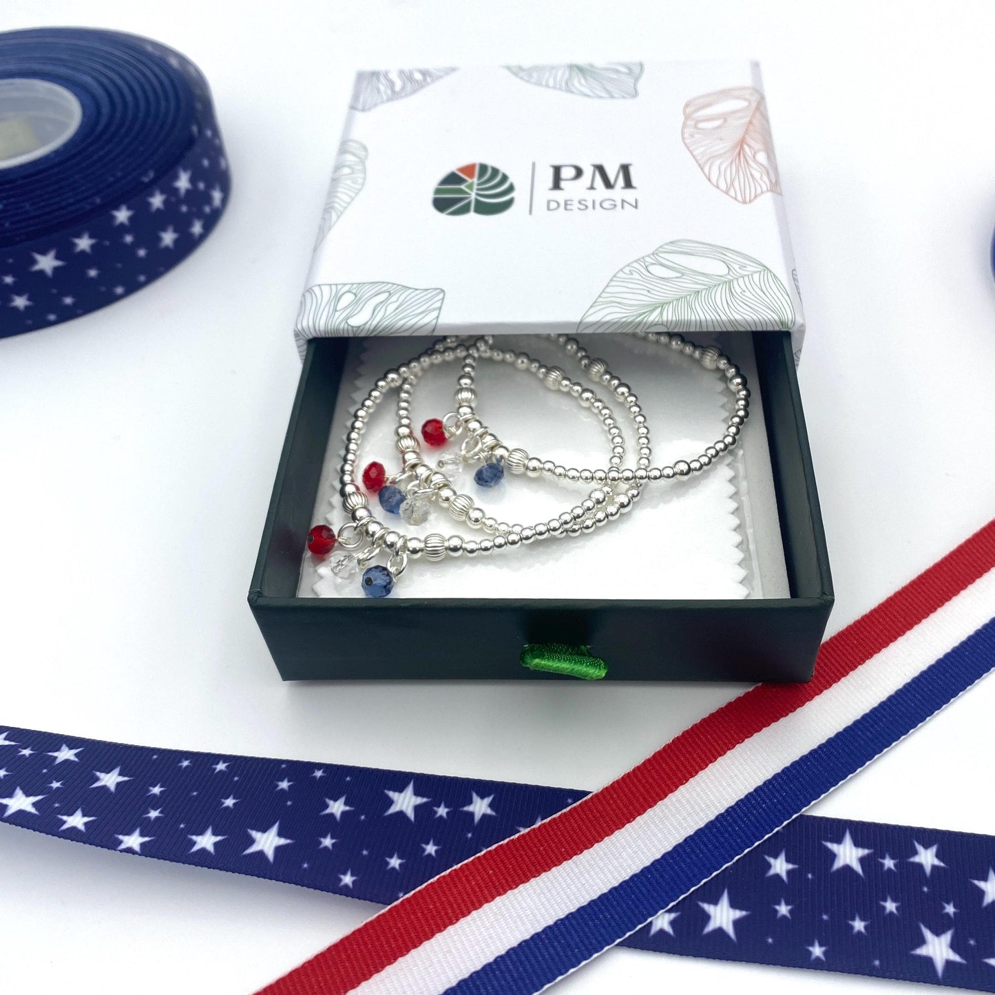 Patriotic crystal charm bracelet silver flag jewelry 4th of July gift set