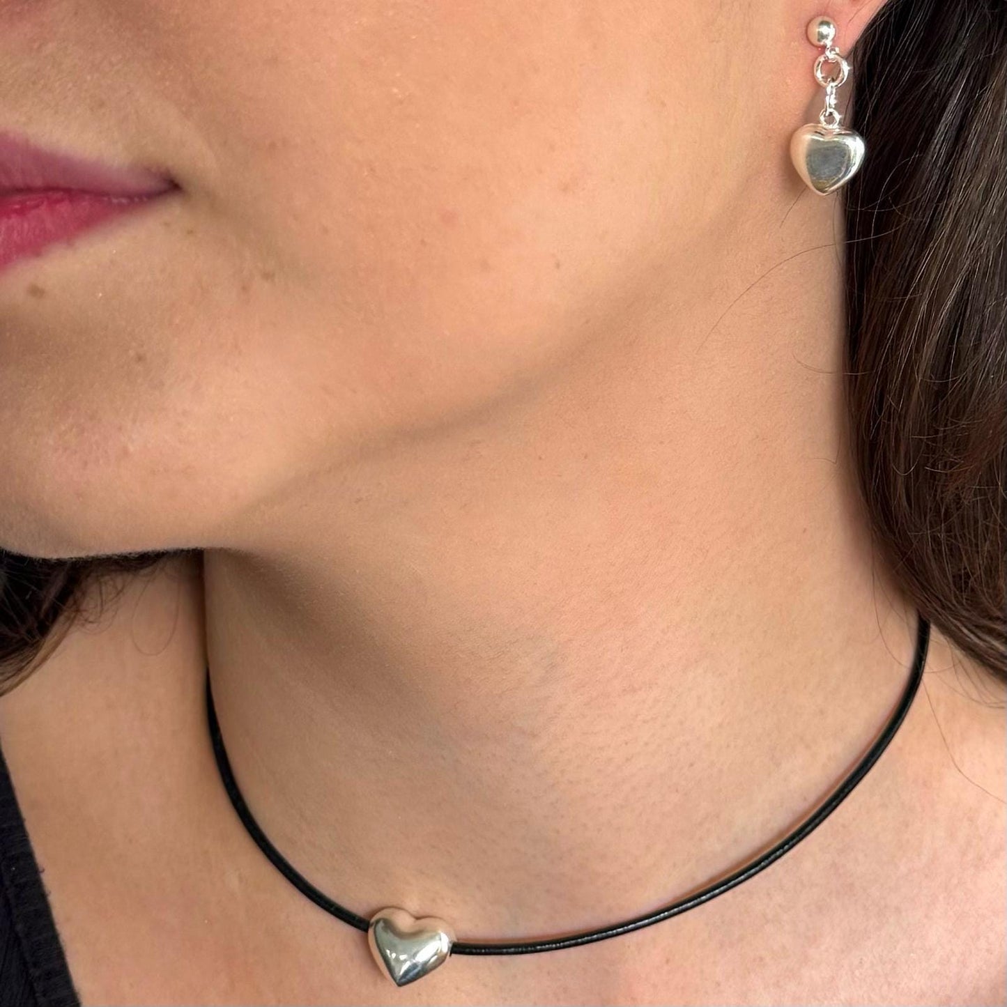 Leather Choker and Silver Earrings Set with Heart Charm Personalized Gift for Her