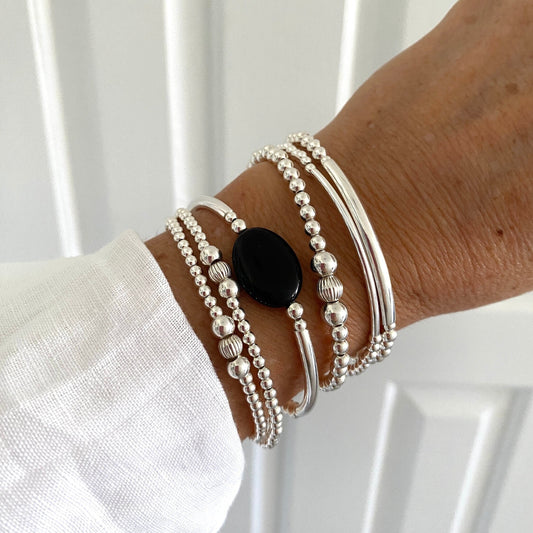 Black onyx sterling silver stacking bracelet women stretchy gemstone jewelry friend birthday gift