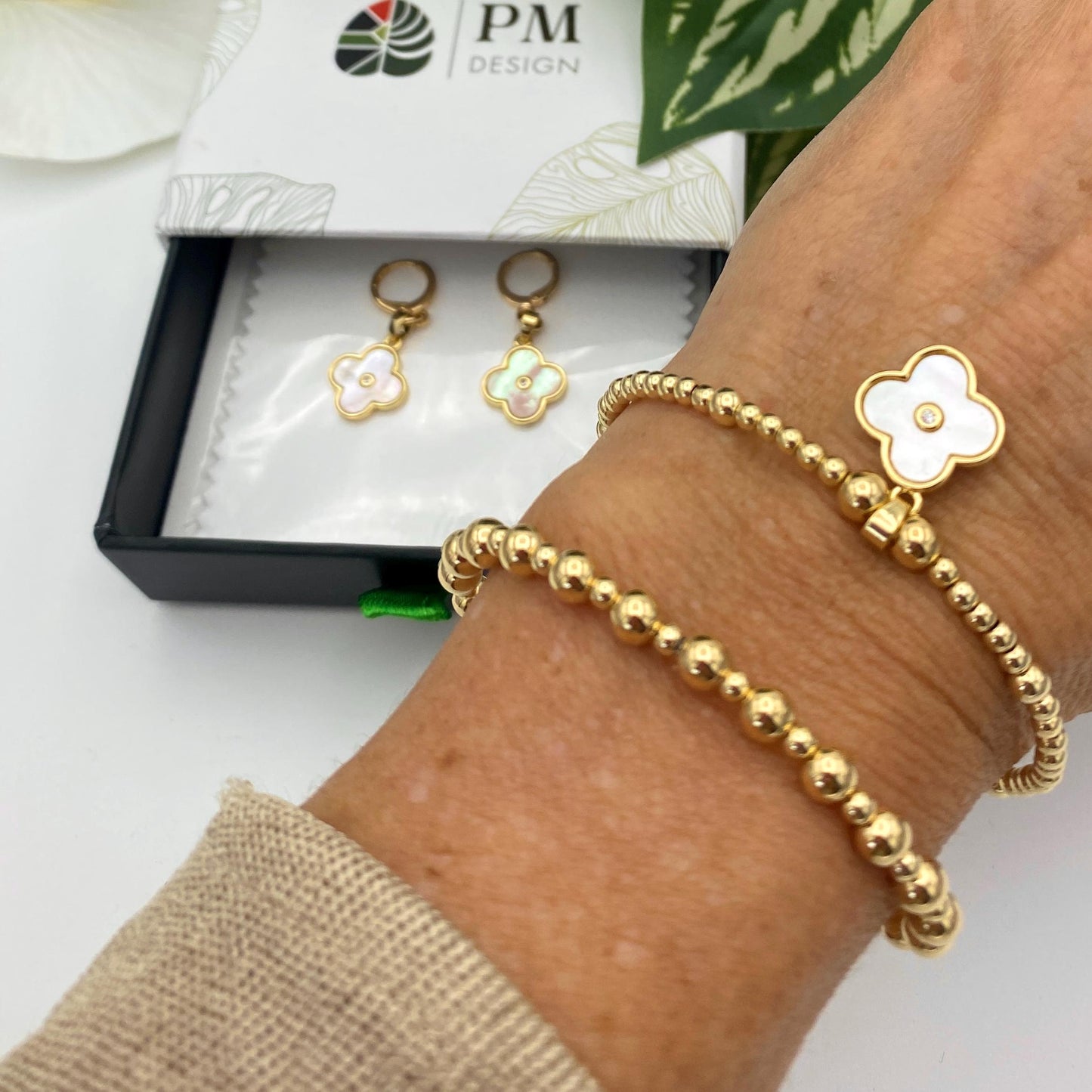 Gold filled white flower charm set pearl clover gold charm women jewelry wedding pearl charm gold set elegant bracelet earrings gift for mom