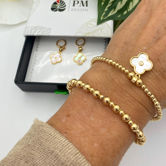 Gold filled white flower charm set pearl clover gold charm women jewelry wedding pearl charm gold set elegant bracelet earrings gift for mom