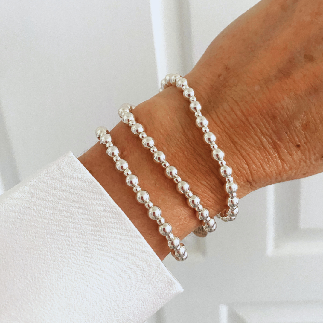Sterling Silver Beaded Bracelet Women Wedding Jewelry Stretch Bracelet 3mm 5mm Gift for Mom
