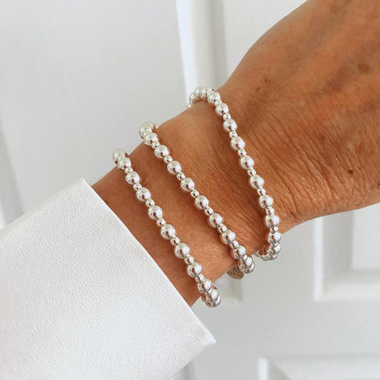 Sterling Silver Beaded Bracelet Women Wedding Jewelry Stretch Bracelet 3mm 5mm Gift for Mom