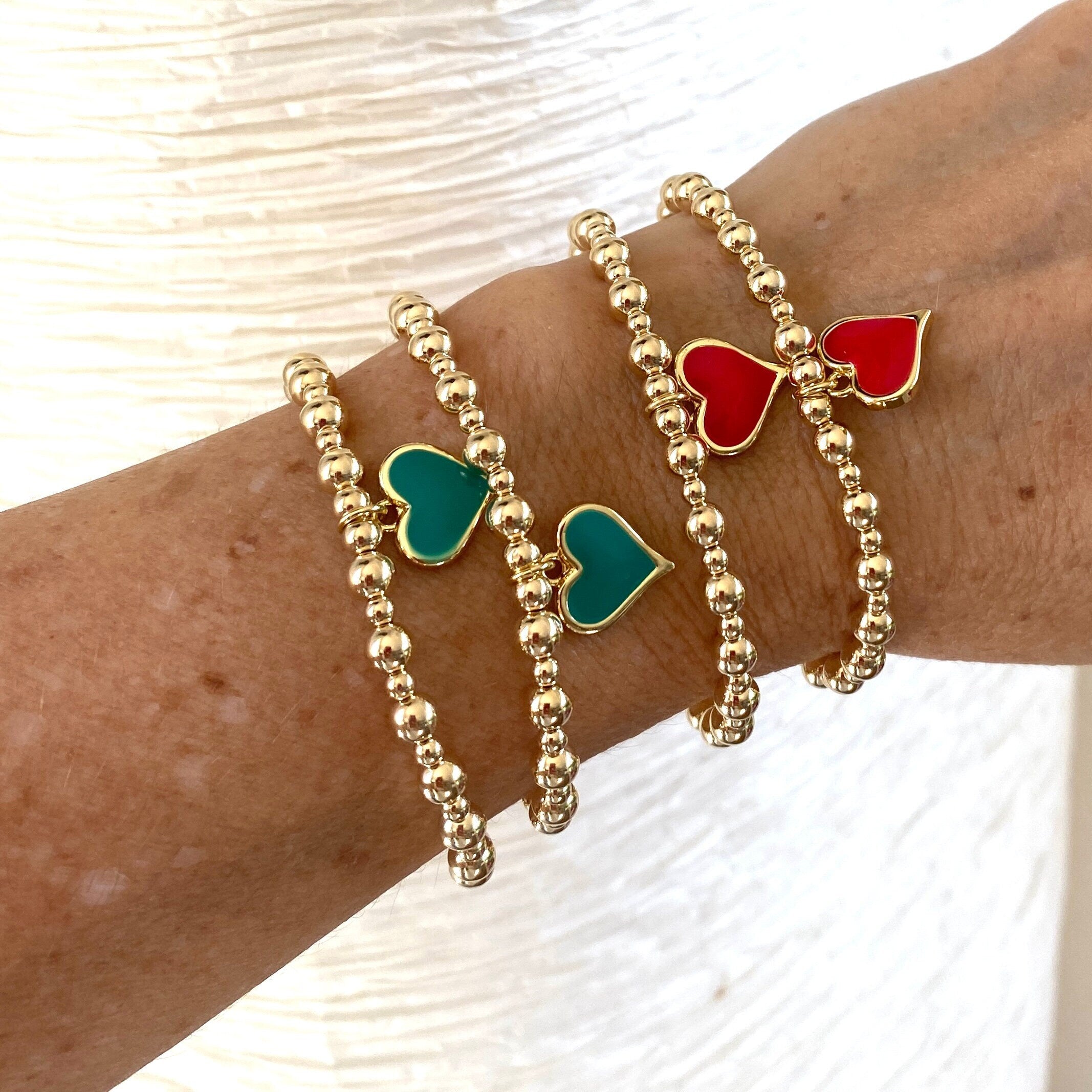 Gold Filled Red and Green Heart Charm Bracelet Set