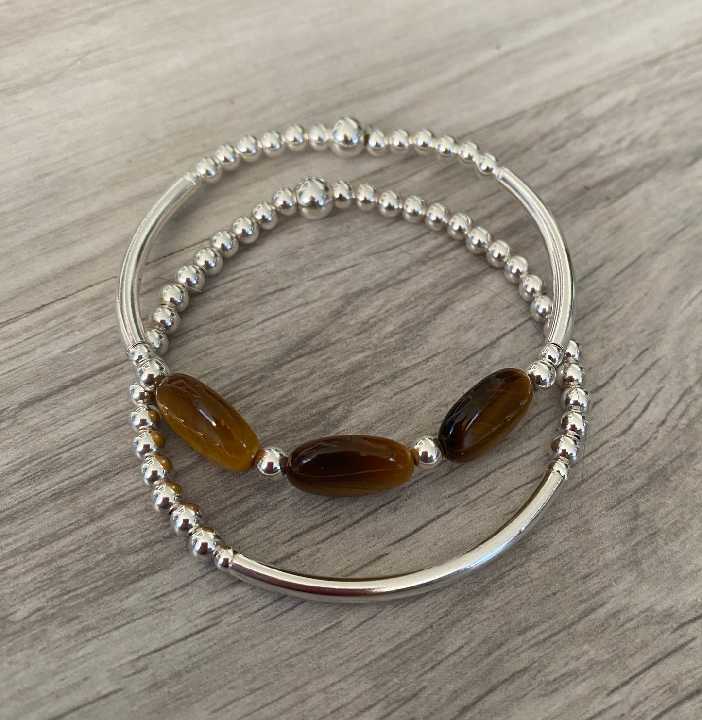 Sterling silver tiger's eye stretchy bracelet set for women gemstone stack jewelry gift
