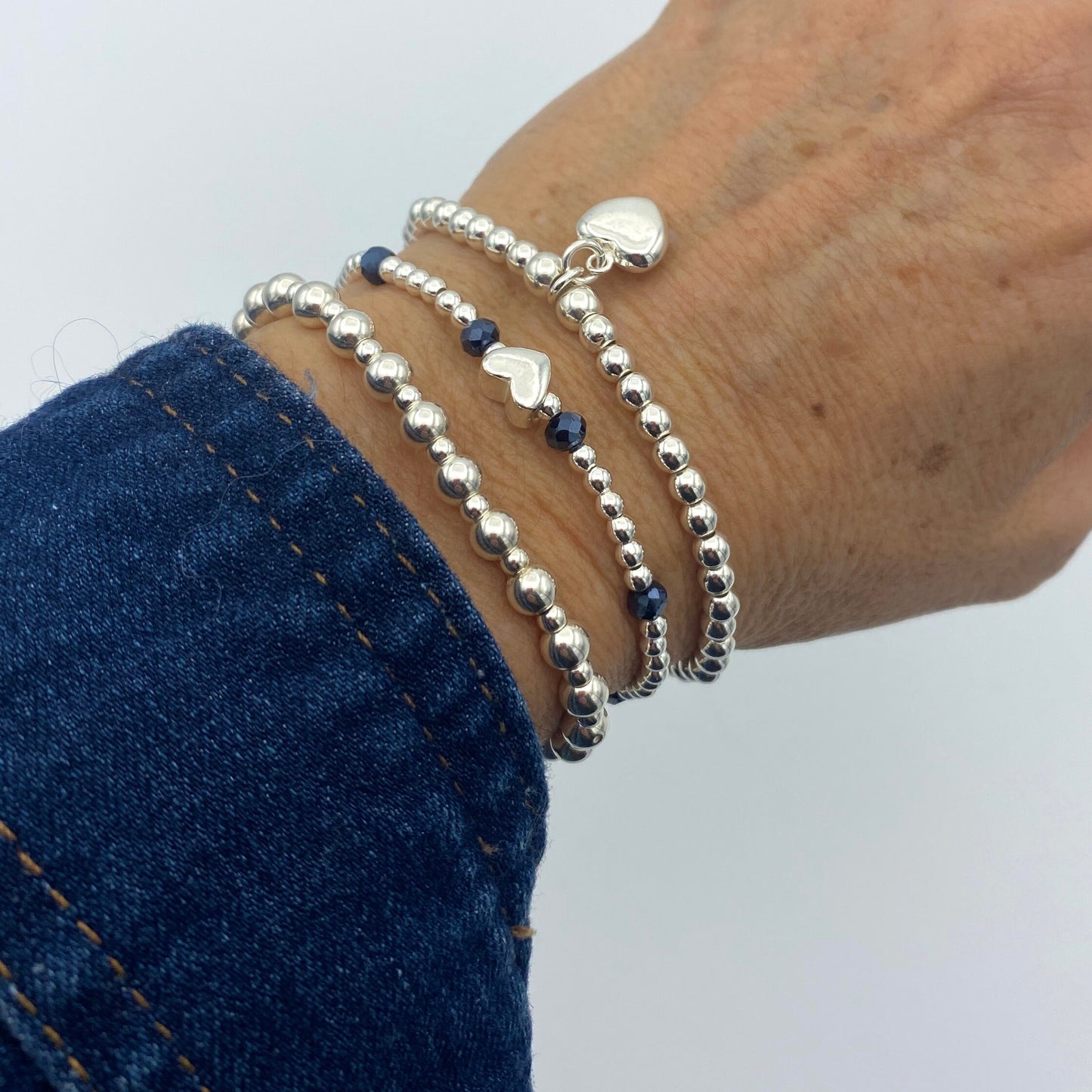 Sterling silver blue crystal bracelet set heart charm beaded stretchy jewelry gift