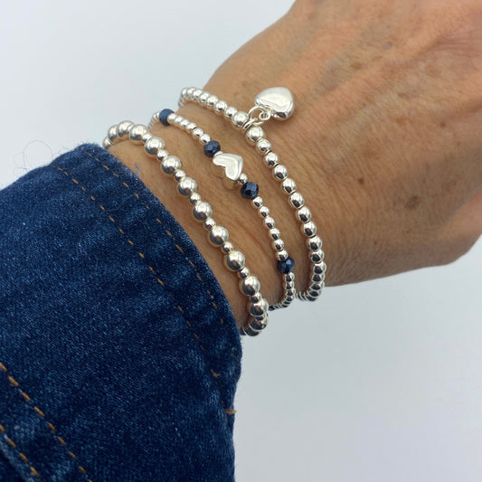 Sterling silver blue crystal bracelet set heart charm beaded stretchy jewelry gift