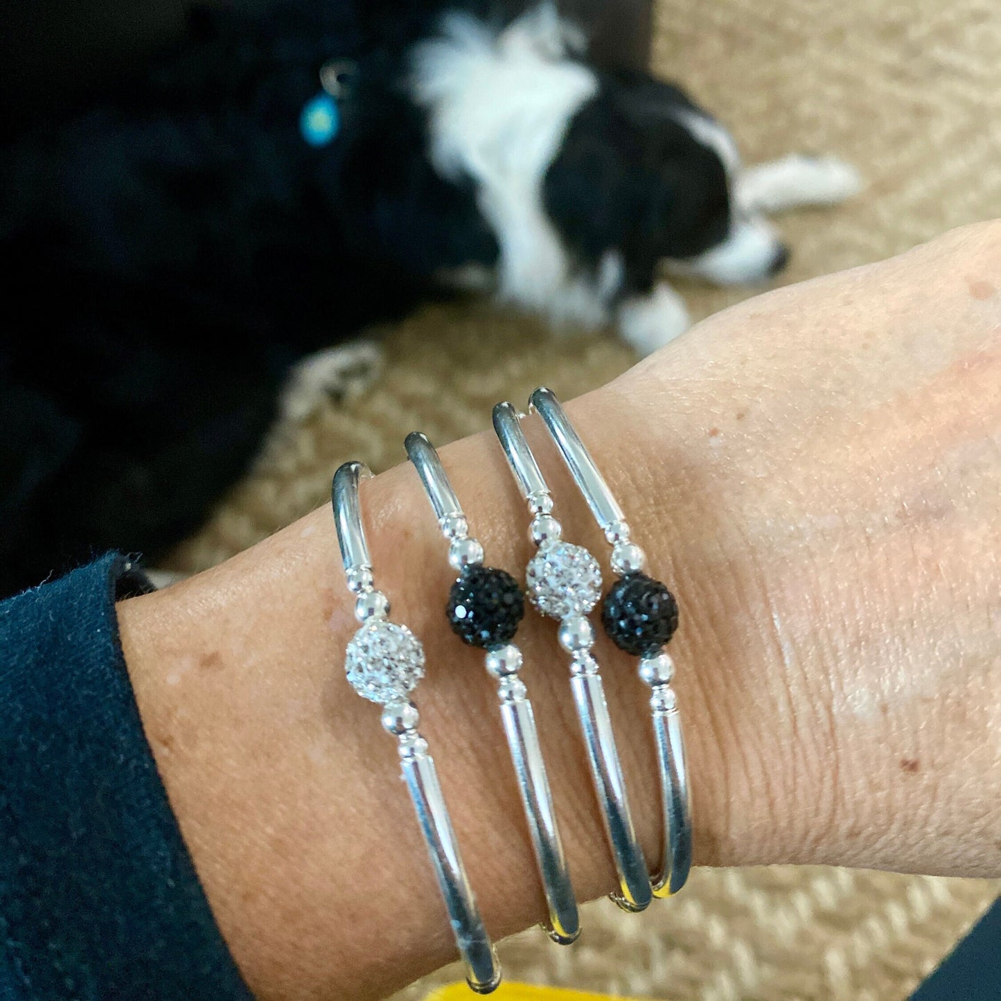 Sterling silver black and white crystal bracelet beaded and tubes rhinestone women jewelry gift