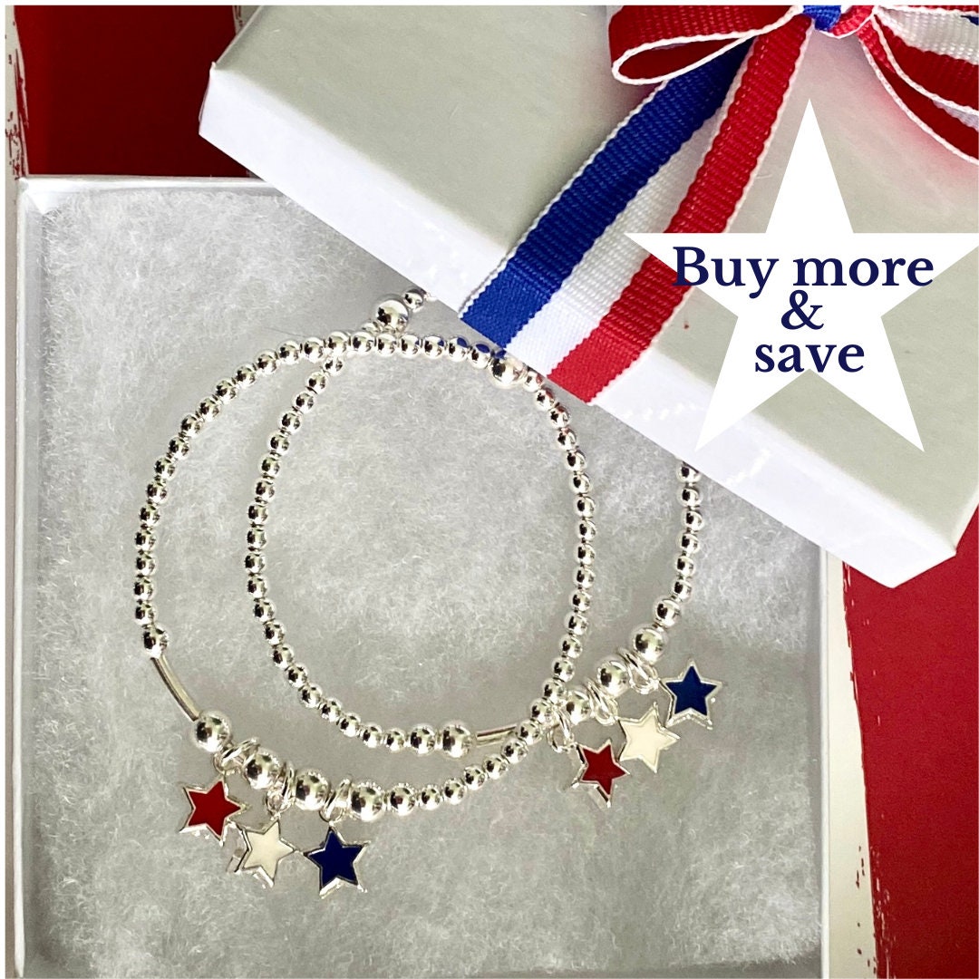 Patriotic stars bracelet set red white blue charms sterling silver USA gift