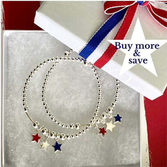 Patriotic stars bracelet set red white blue charms sterling silver USA gift