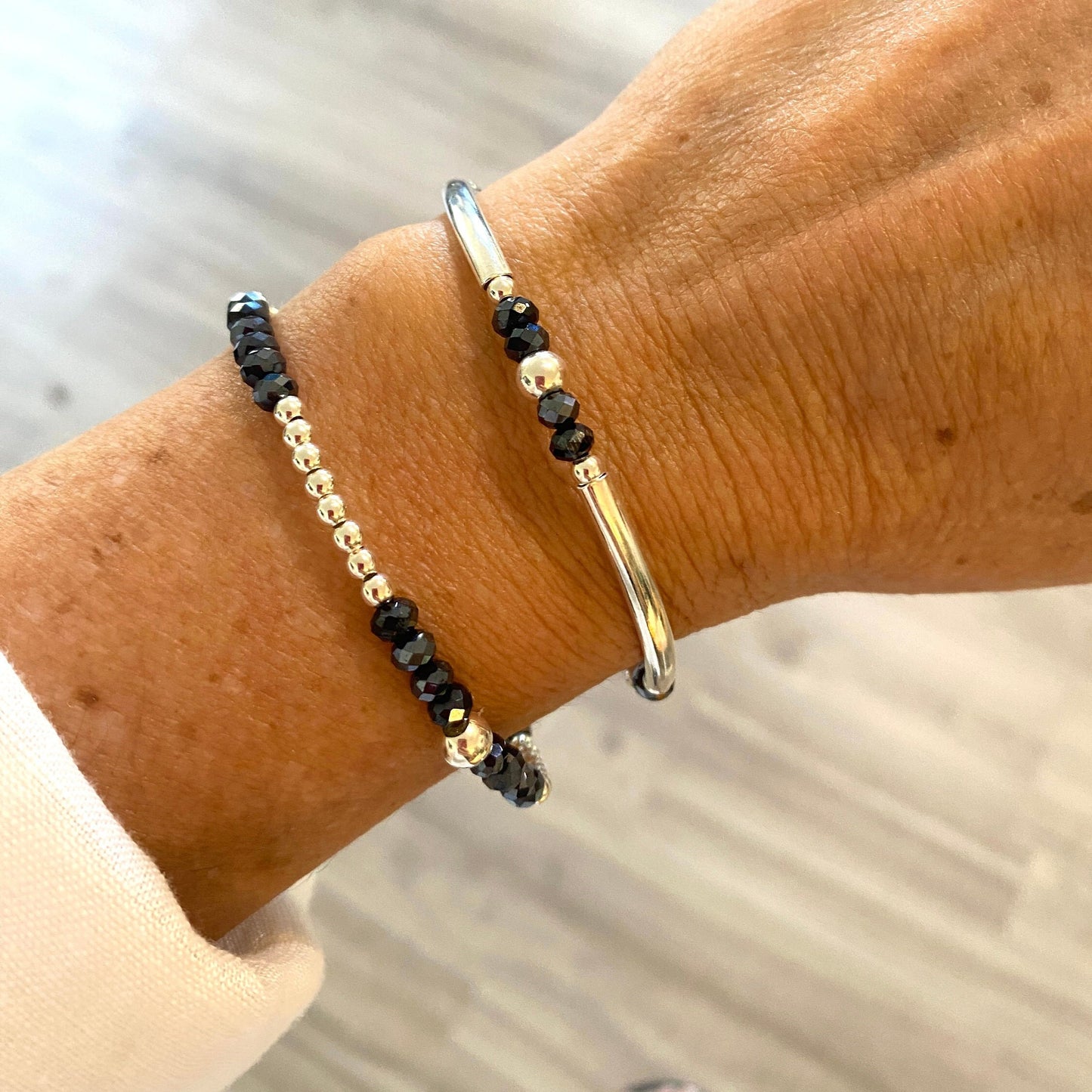 Blue crystal sterling silver beaded bracelet stretchy jewelry set gift for women