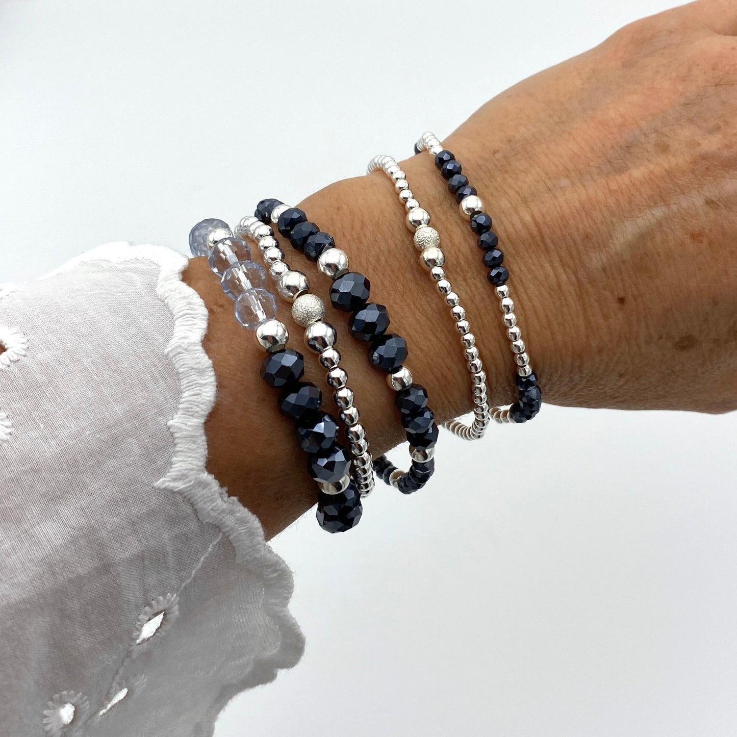 Blue Crystal Silver Bracelet Sterling Beaded Stack Gift for Women Jewelry Set