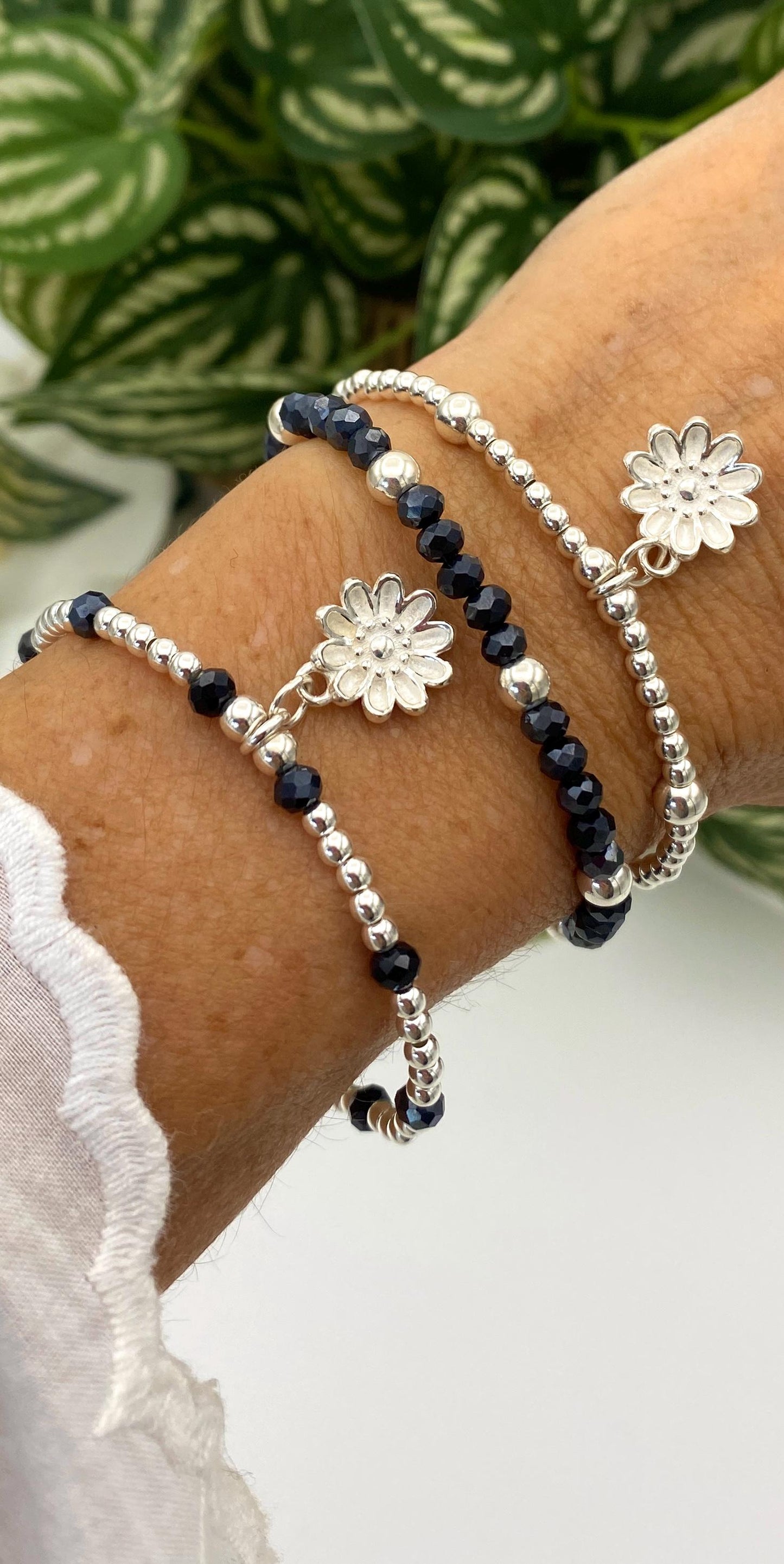 Sterling silver spring flower bracelet blue crystal daisy charm gift for her or mom