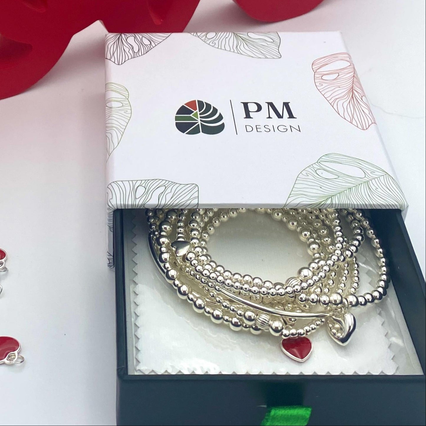 sterling silver red heart charm personalized bracelet stretchy jewelry set gift for women