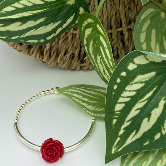 Sterling silver flower bracelet red rose spring jewelry elegant gift for women blue flower dainty mom present