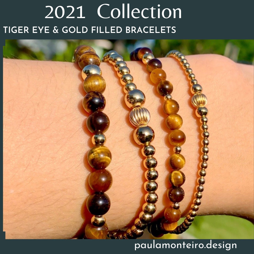 Gold Filled Tiger Eye Bracelet with Elephant Charm Gift for Her