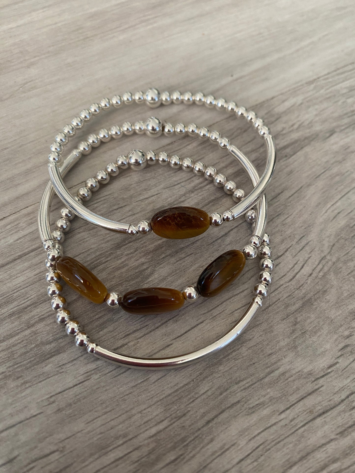 Sterling silver tiger's eye stretchy bracelet set for women gemstone stack jewelry gift