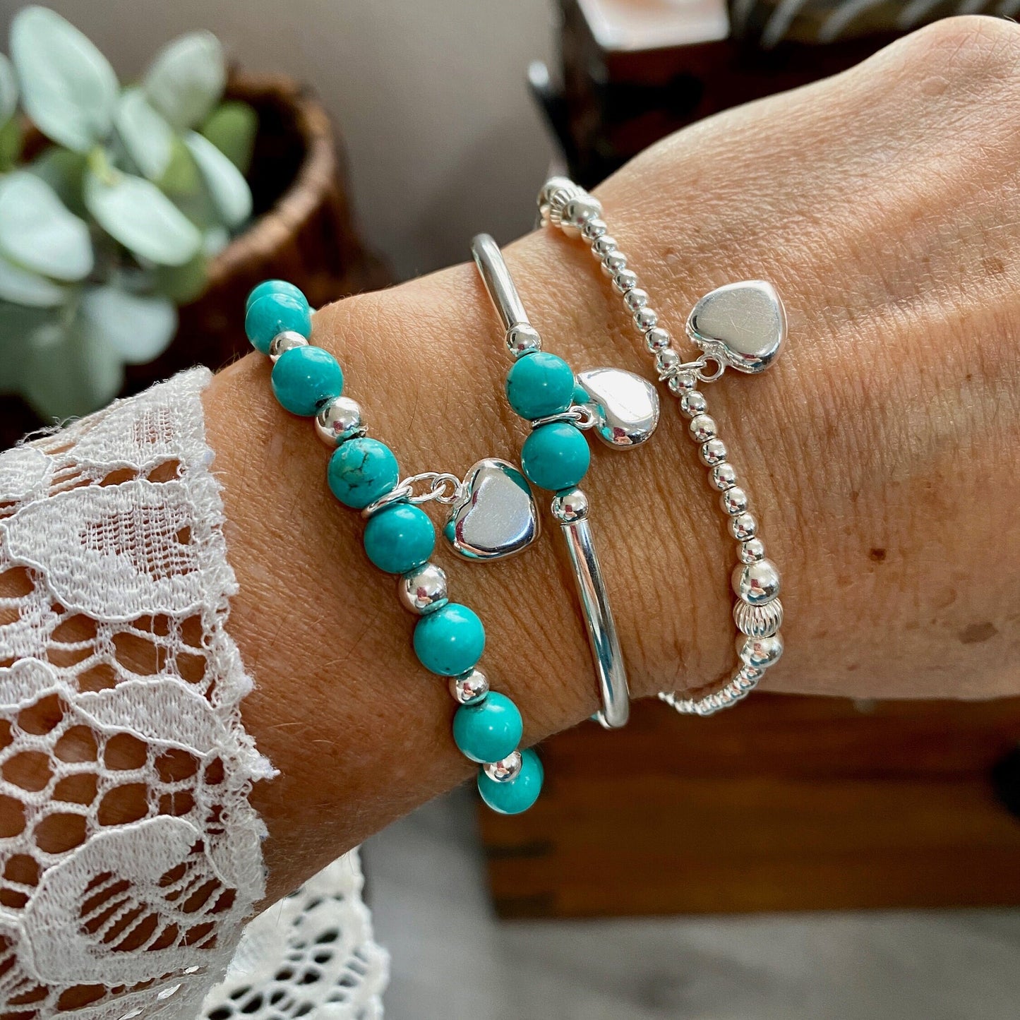 Turquoise Silver heart charm beaded bracelet stacking jewelry gift for women
