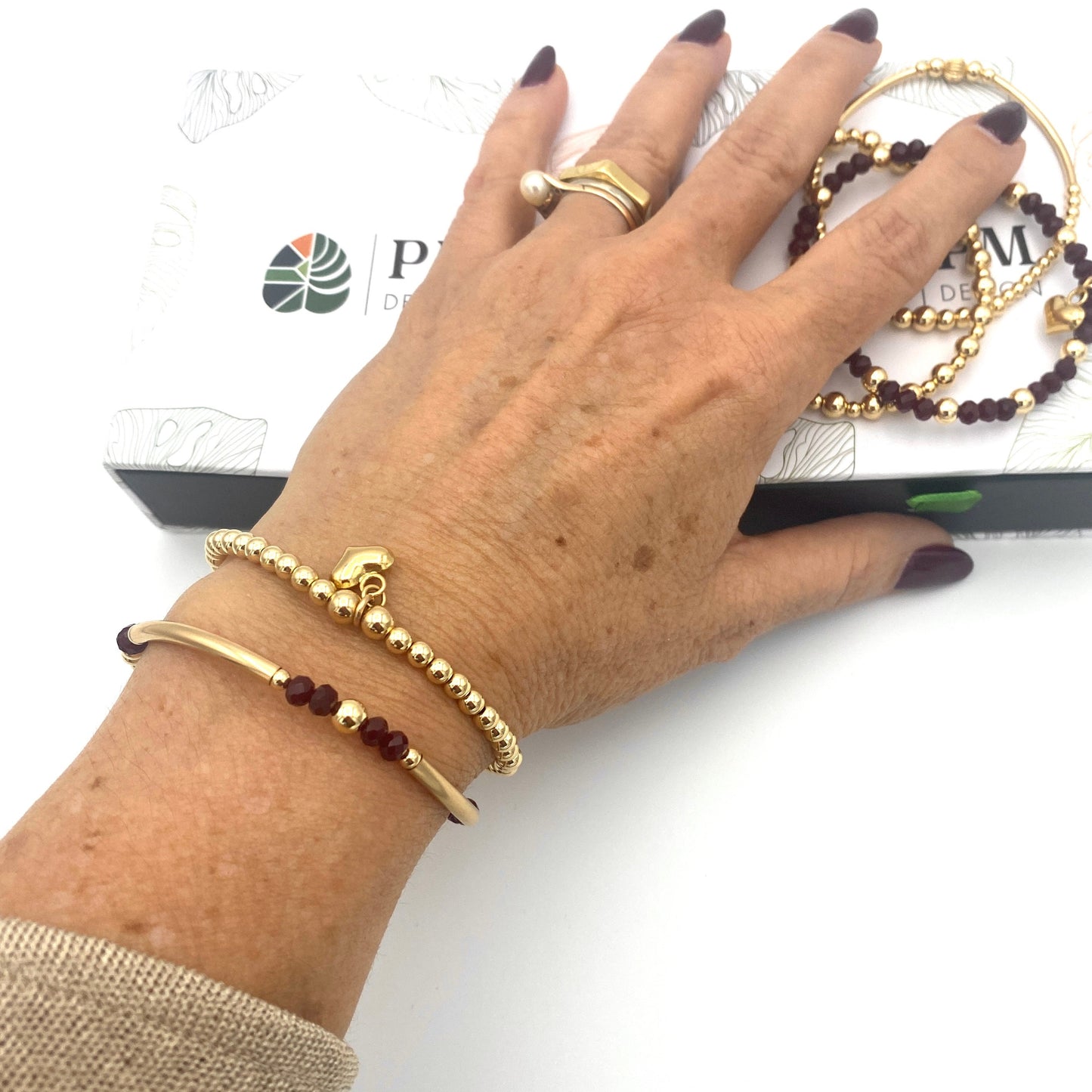 Gold Filled wine crystal beaded bracelet Heart Charm Women Jewelry friendship Gift