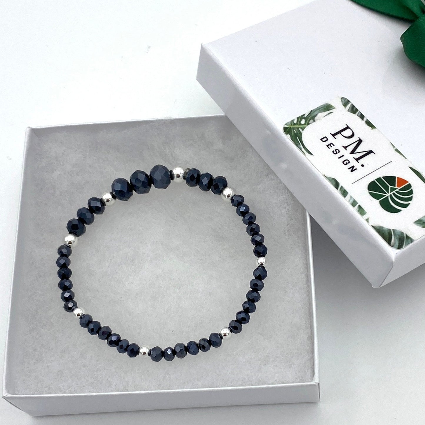 Blue Crystal Silver Bracelet Sterling Beaded Stack Gift for Women Jewelry Set