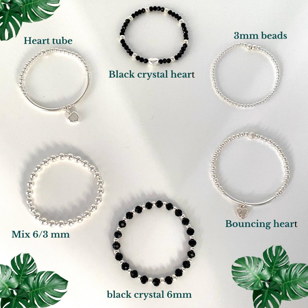 Silver black crystal stacking bracelet women jewelry beaded personalized heart charm gift set