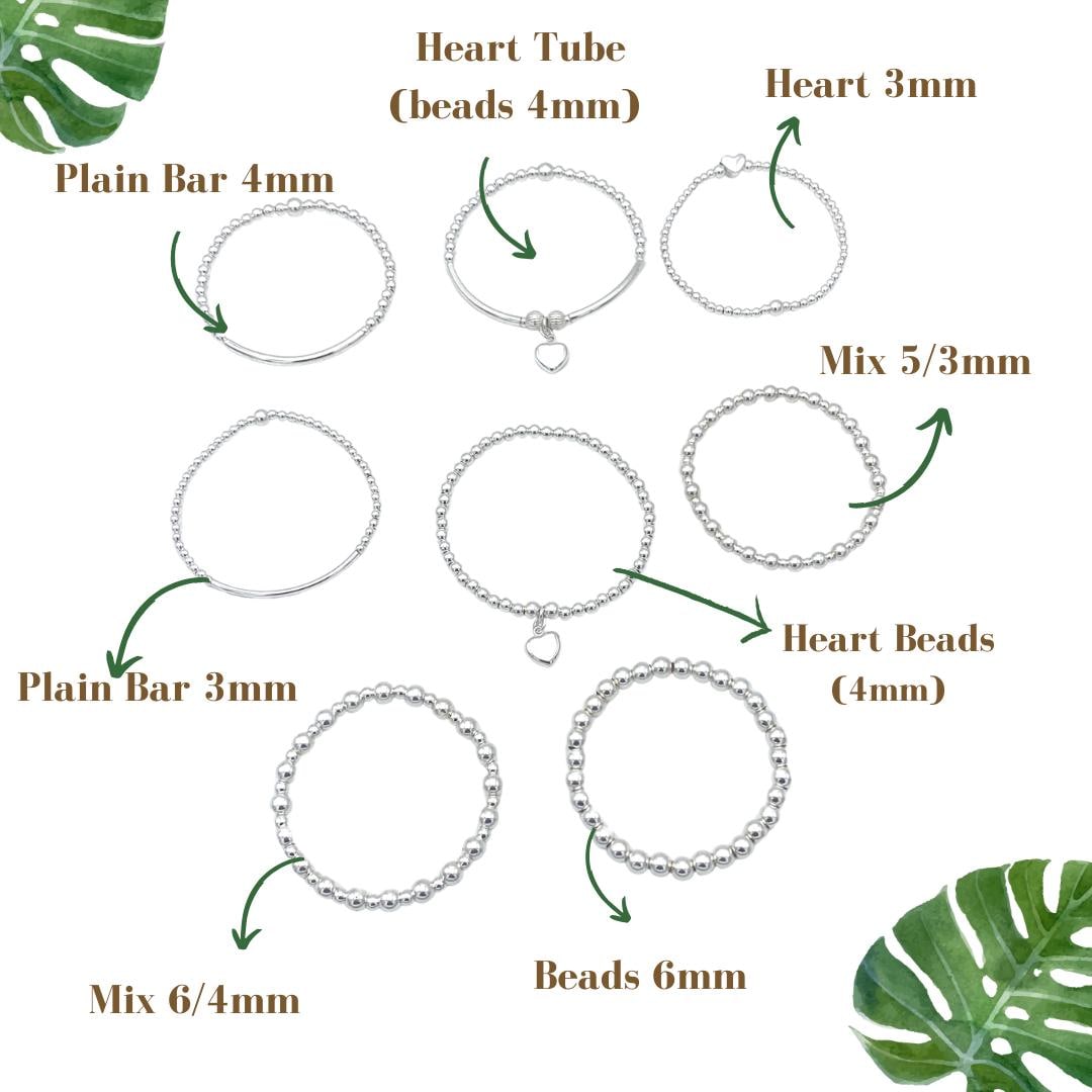 Sterling silver heart charm bracelet for women beaded stretchy jewelry birthday friendship gift