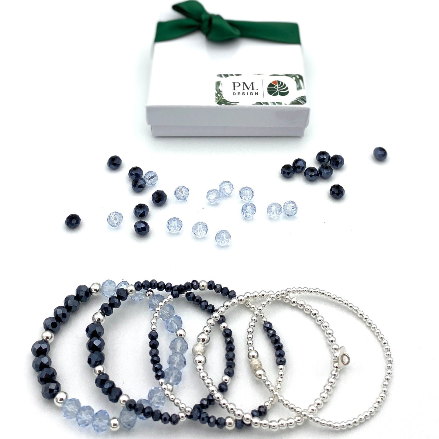 Blue Crystal Silver Bracelet Sterling Beaded Stack Gift for Women Jewelry Set