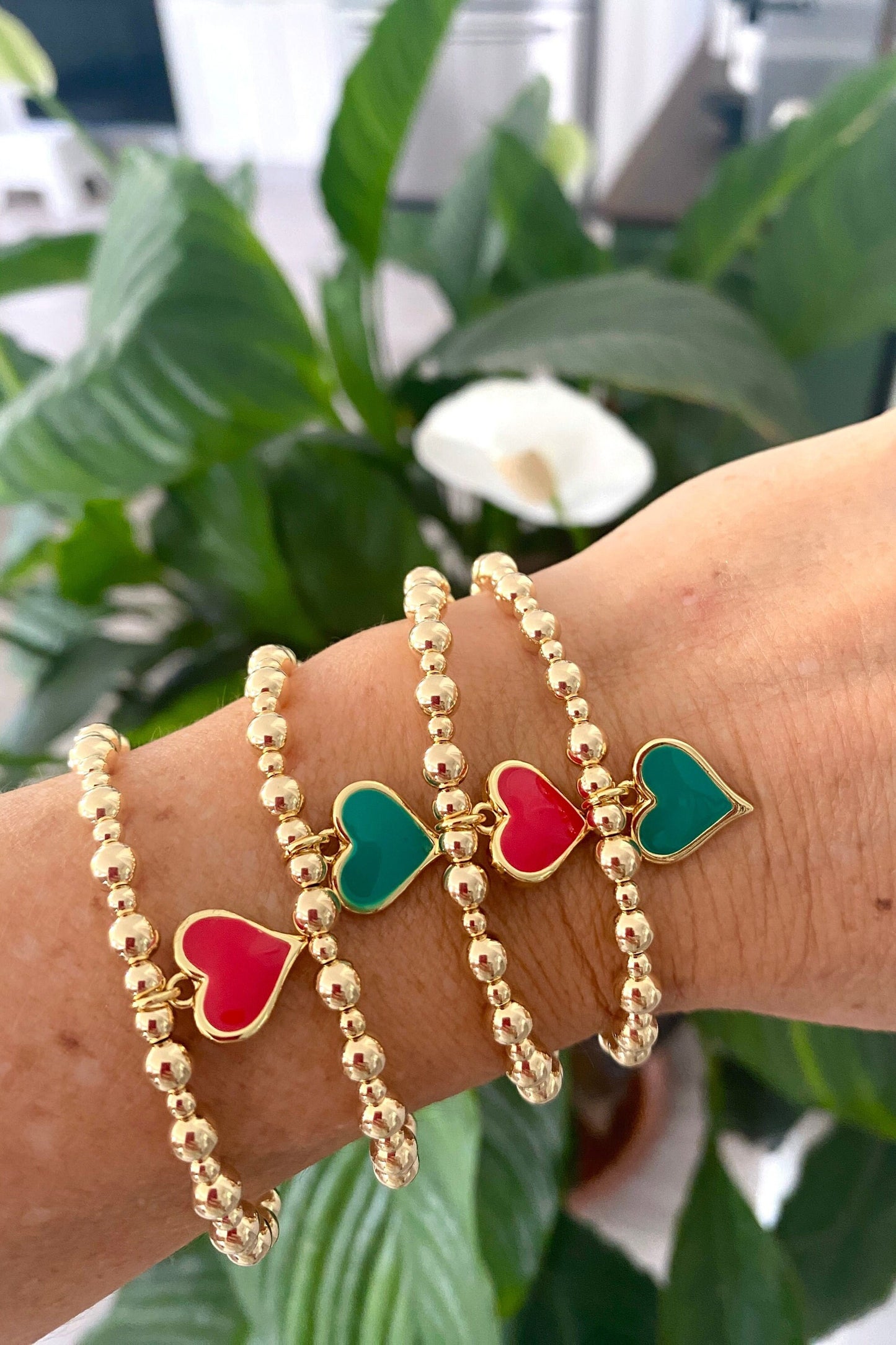 Gold red green charm bracelet women gold heart jewelry personalized heart charm bracelet gold mother gift idea charm jewelry gift for her