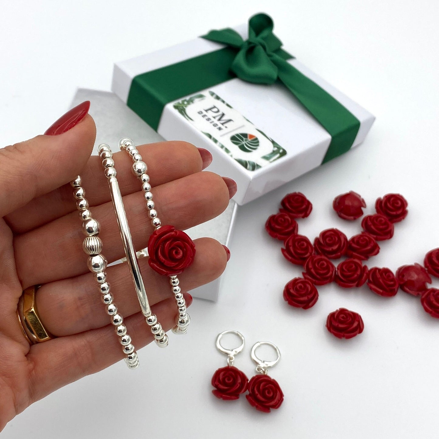 Personalized red rose jewelry set sterling silver spring gift for women