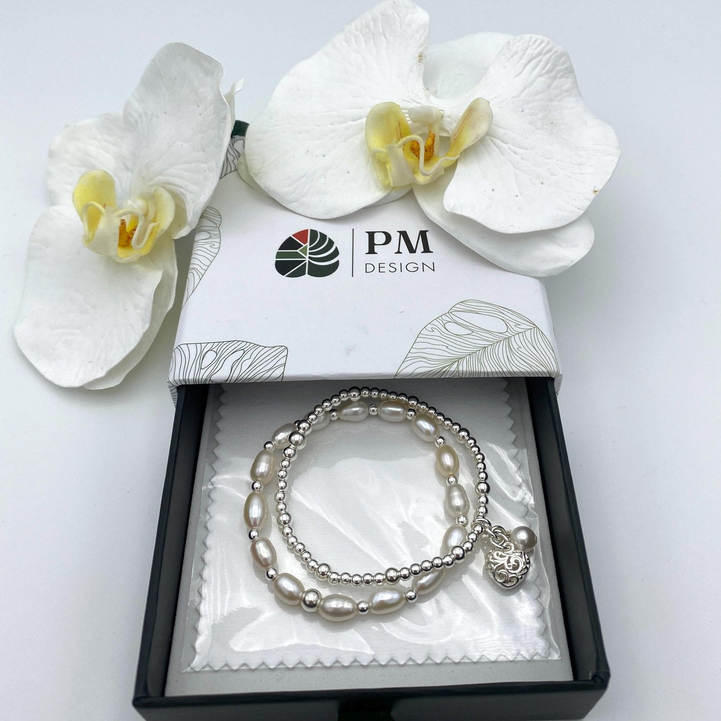 Freshwater pearl bracelet set sterling silver women minimalist jewelry pearl and heart charm wedding day accessory