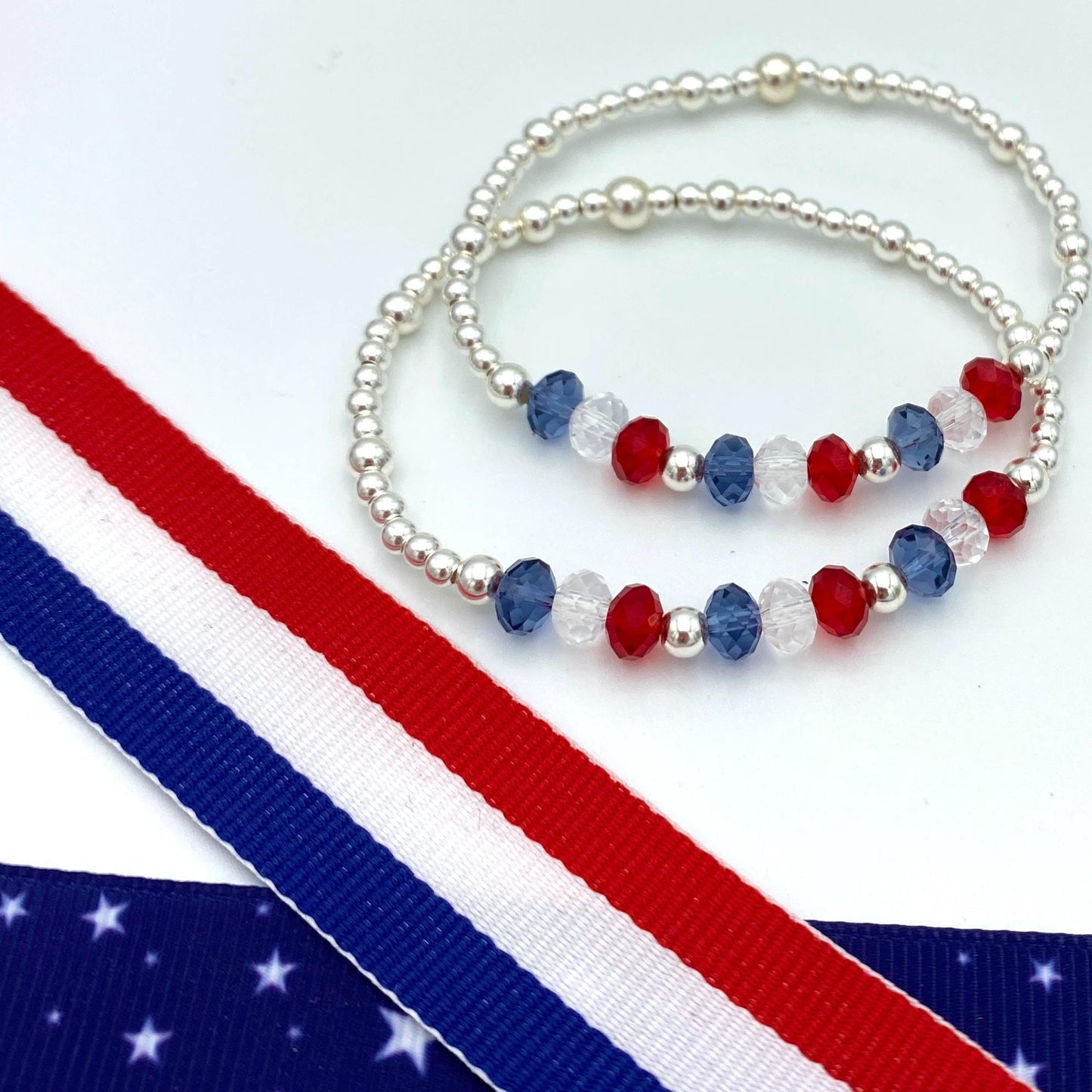 USA patriotic bracelet set silver red white blue crystal gift