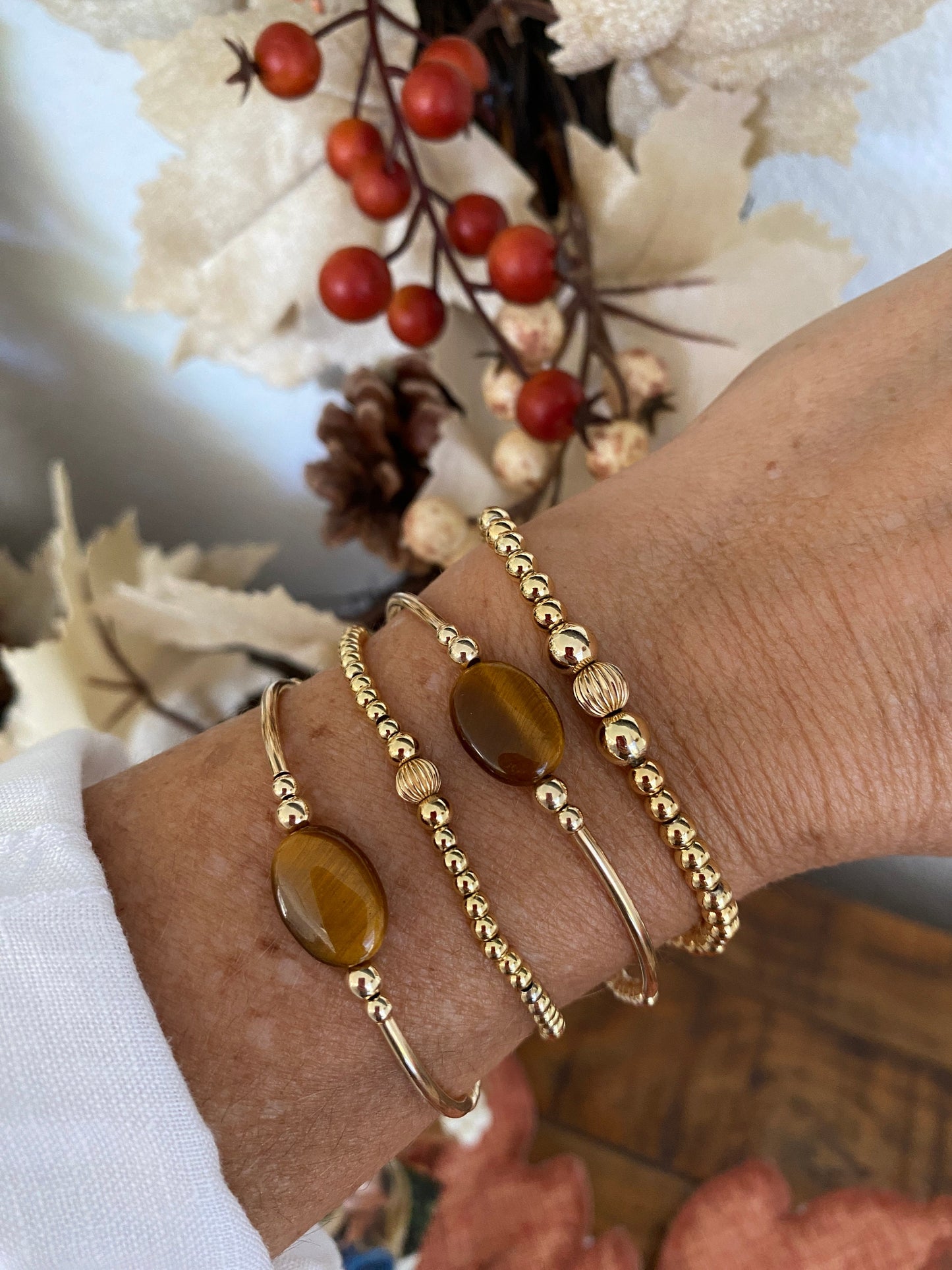 Gold Bracelet with Tiger Eye Beads Elegant Gift for Her