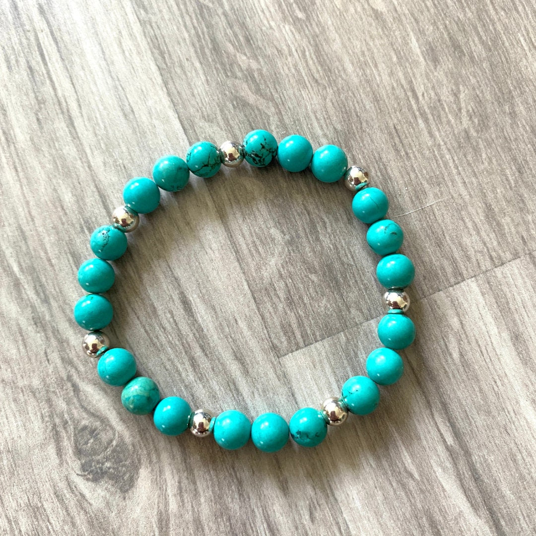 Turquoise and sterling silver beaded set women stretchy bracelet stack anniversary jewelry gift
