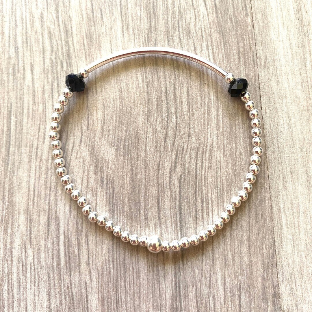 Black crystal silver bracelet sterling silver black beads gift for mom anniversary gift black crystal set stretch jewelry crystal bracelet