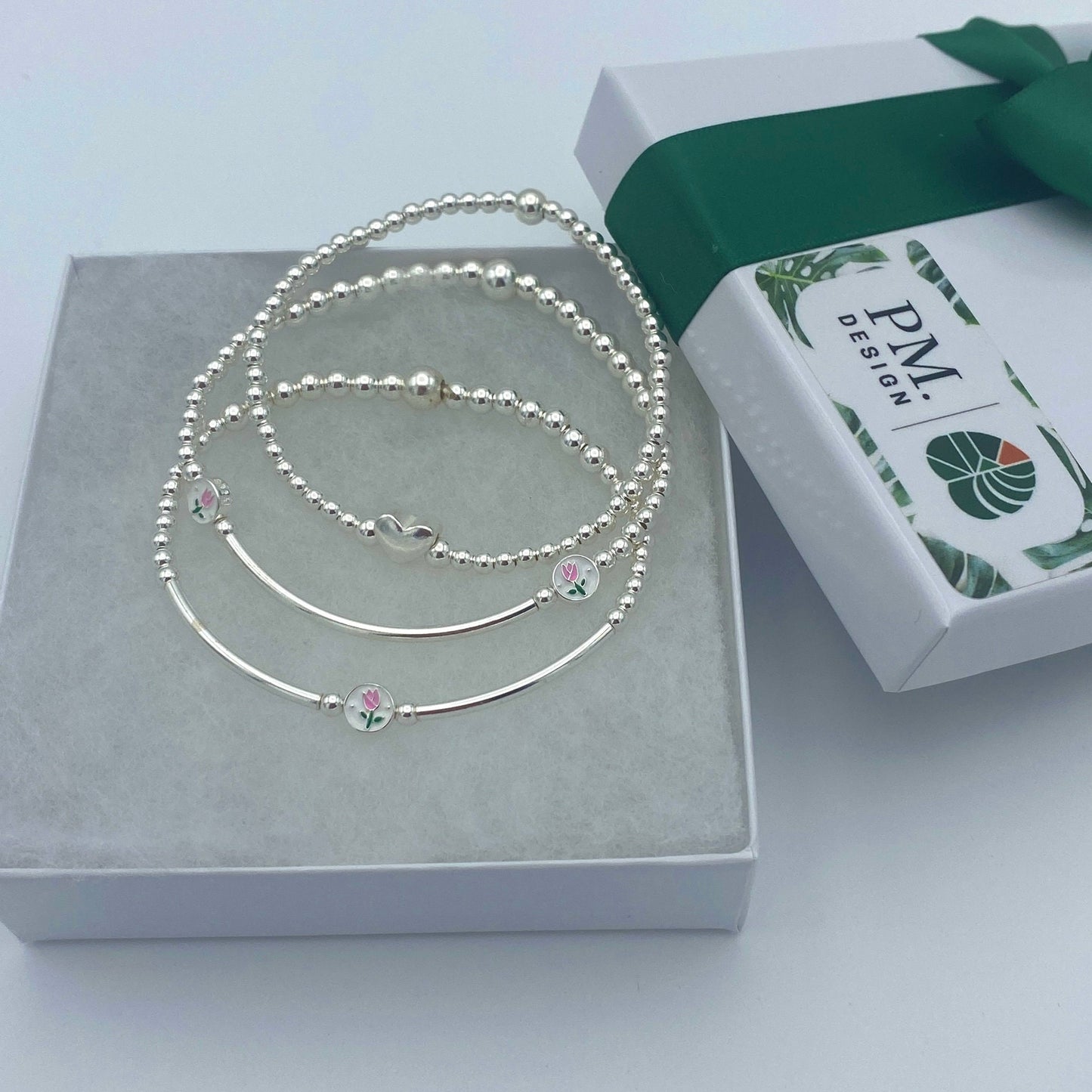 Silver Flower Charm Bracelet Pink Tulip Gift Set for Women
