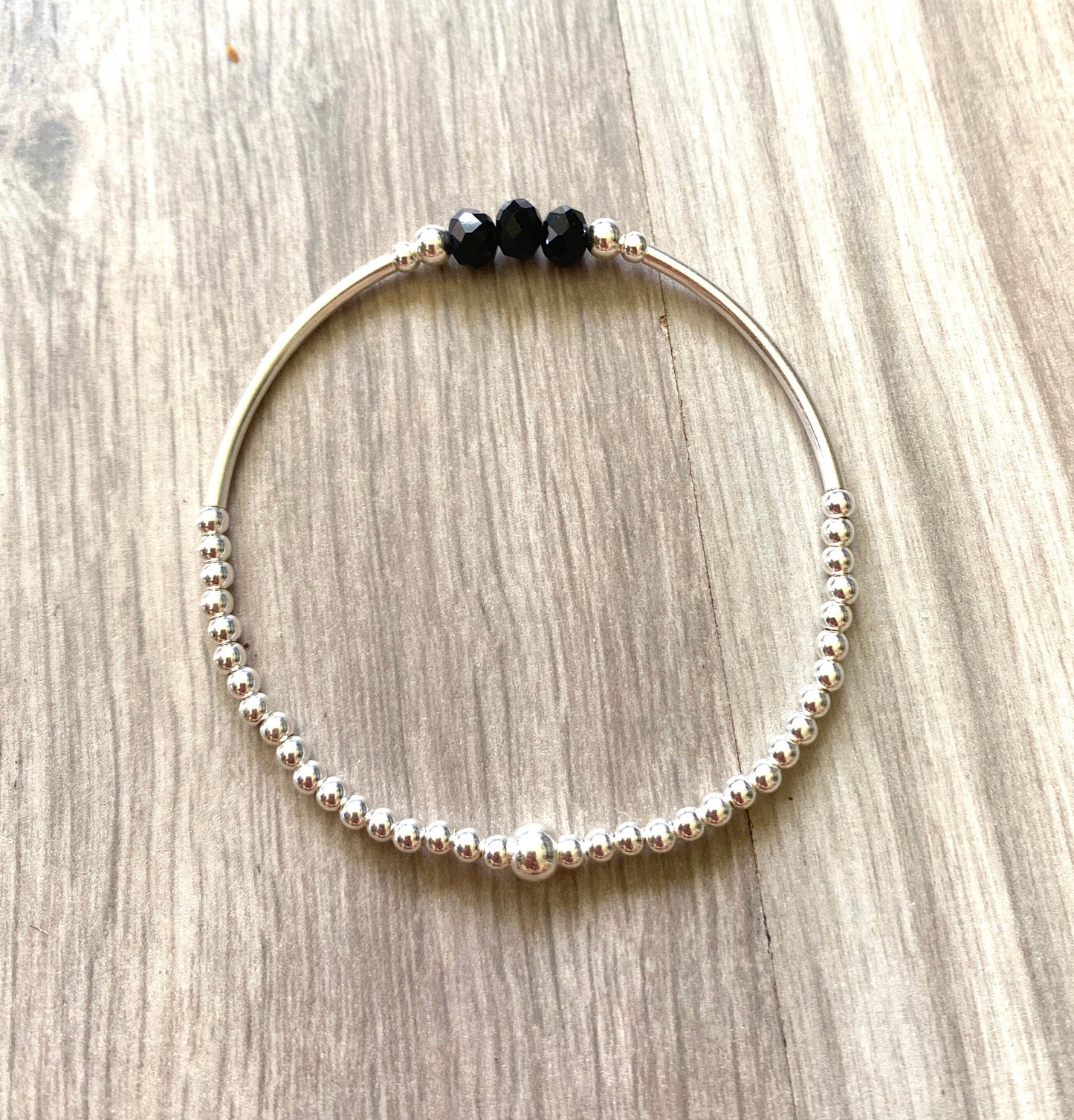 Black crystal silver bracelet sterling silver black beads gift for mom anniversary gift black crystal set stretch jewelry crystal bracelet