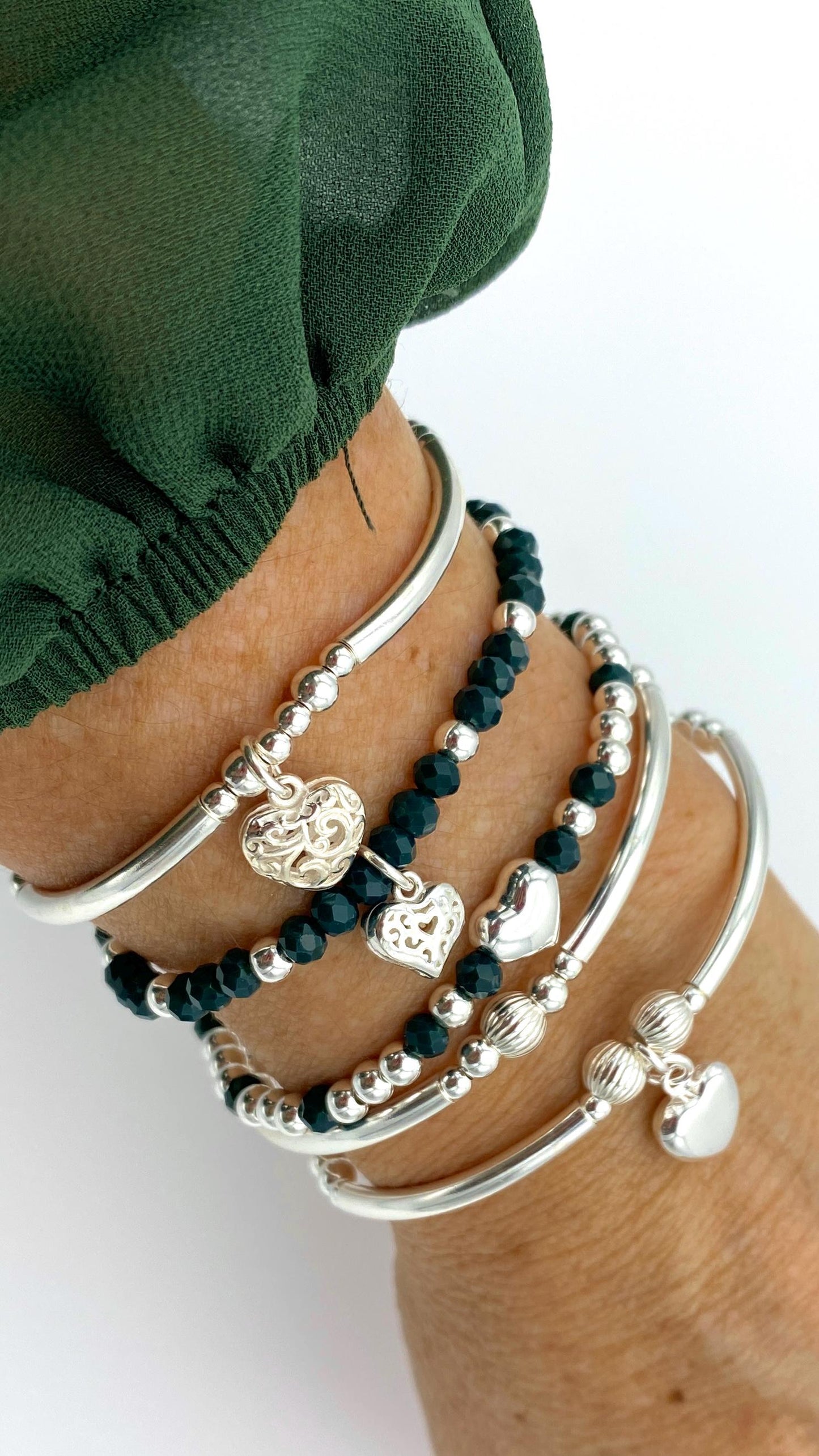 Sterling silver dark green crystal bracelet set heart charm personalized women jewelry gift