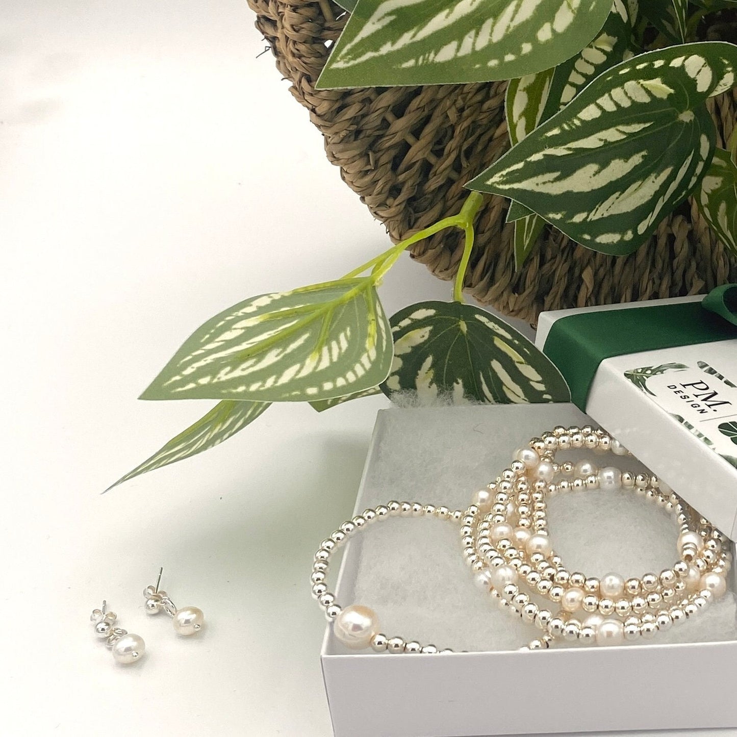 Sterling silver pearl bracelet and earrings jewelry wedding day accessory set bridesmaid friendship gift