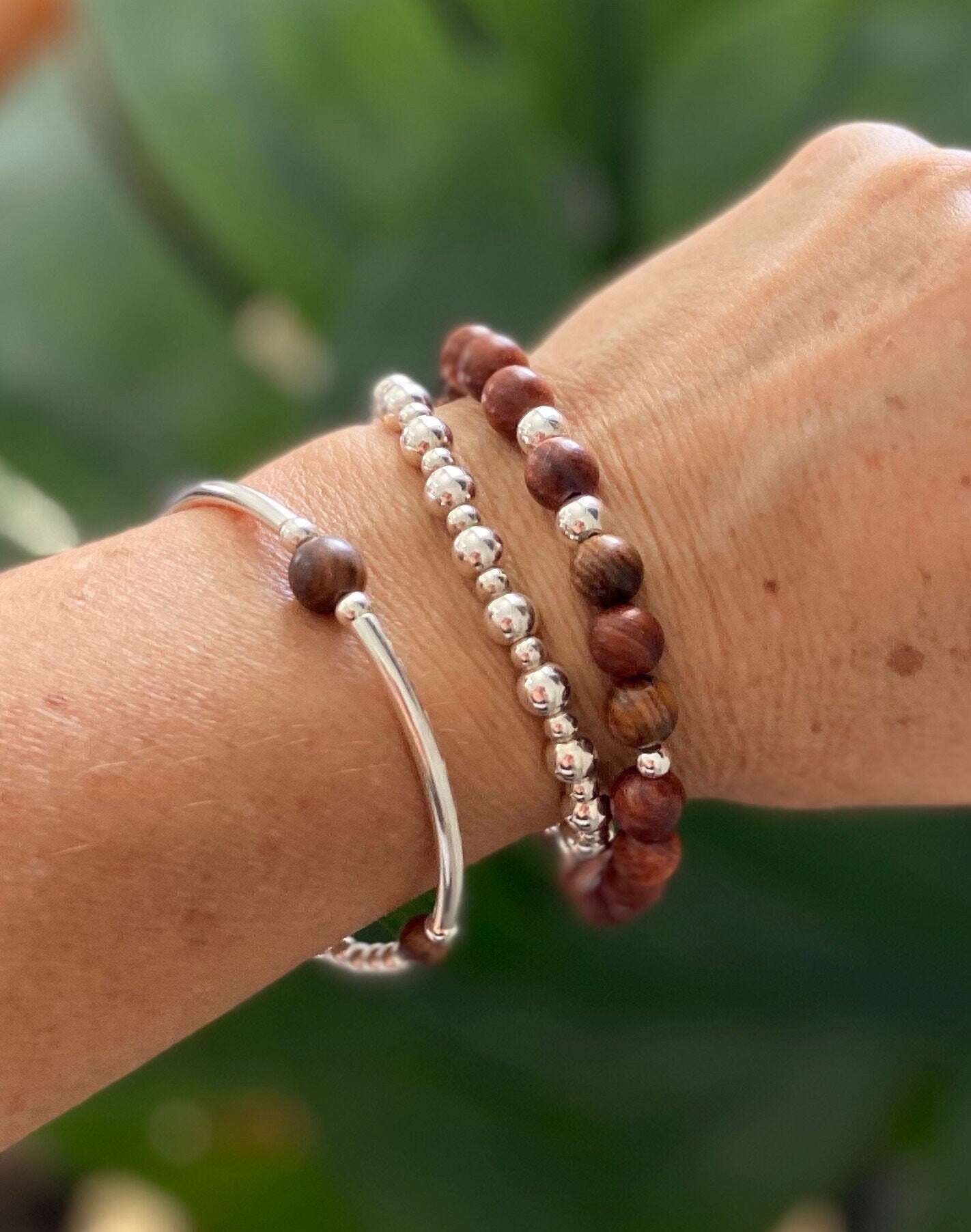 Sterling silver and wood bracelet stretchy beaded jewelry nature inspired gift for women