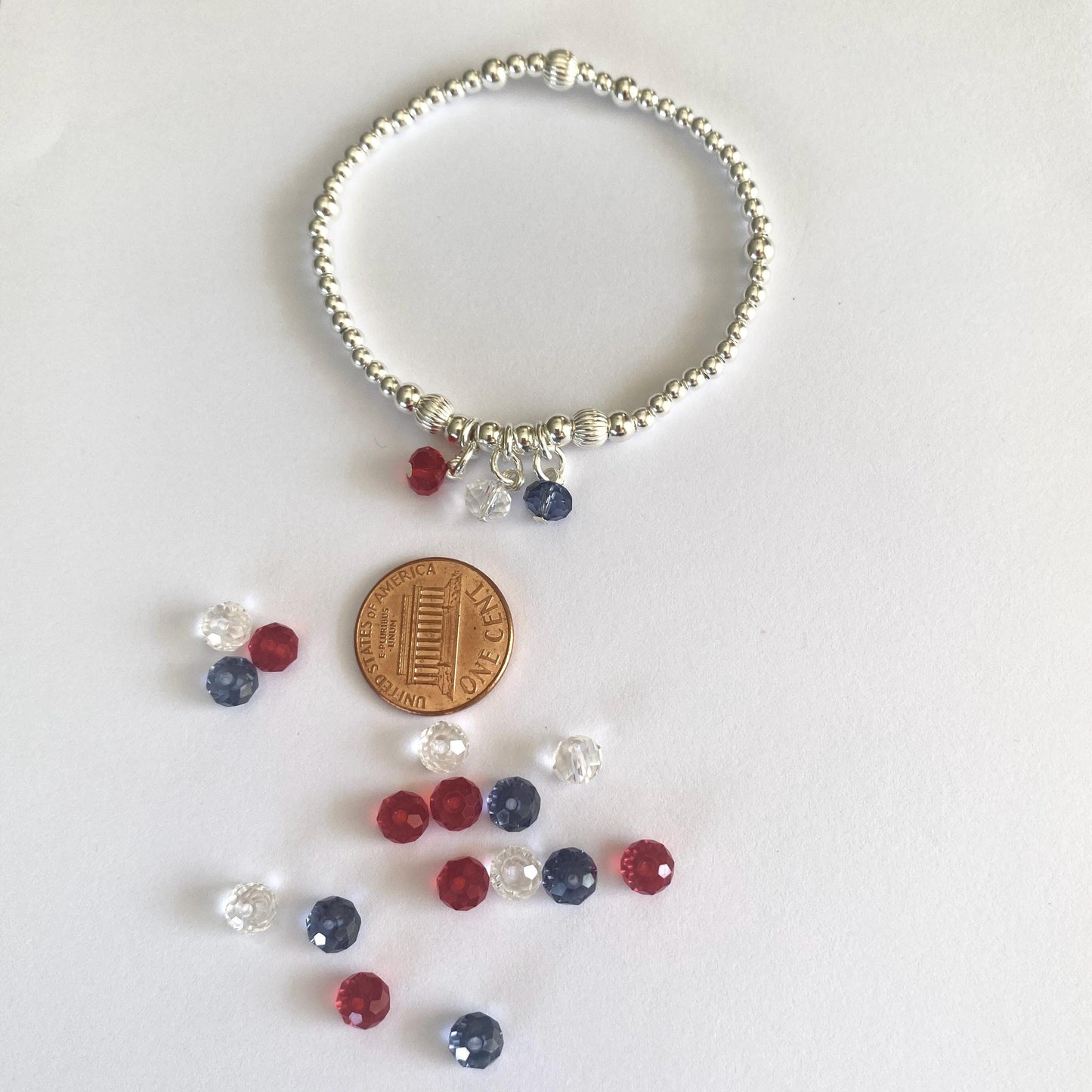 Patriotic crystal charm bracelet silver flag jewelry 4th of July gift set